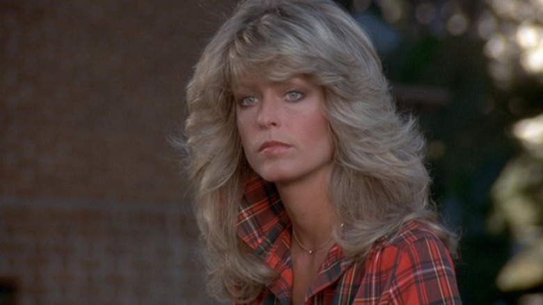 Jill from Charlie's Angels, sporting huge hair and a red flannel. She is not amused