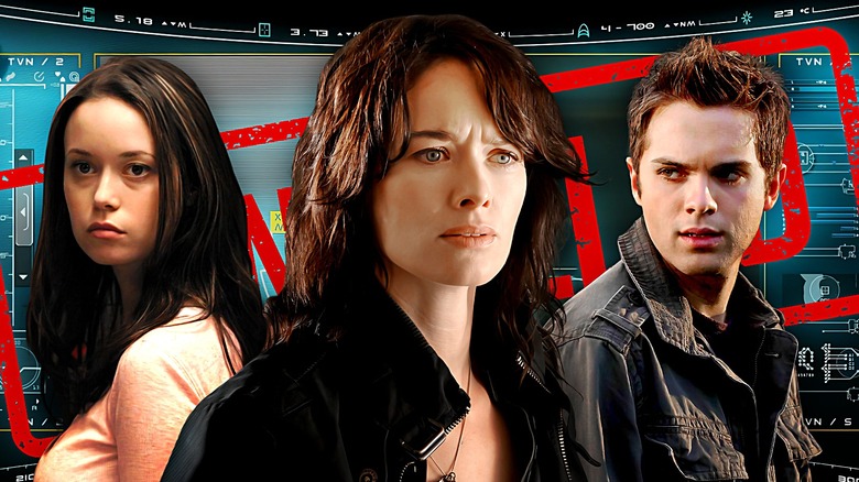 Cameron, John Connor, and Sarah Connor posed in front of the word cancelled