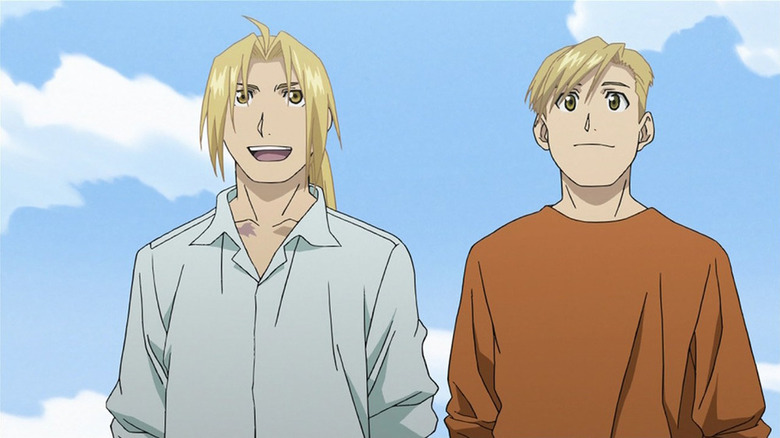 Brotherhood Ed and Al as adults standing next to each other, smiling in Fullmetal Alchemist