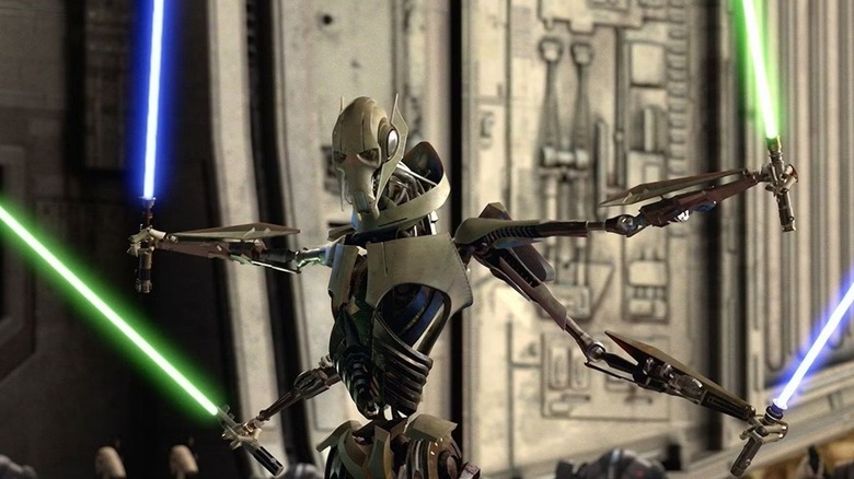 General Grievous stands with a lightsaber in each of his four hands in Star Wars: Revenge of the Sith