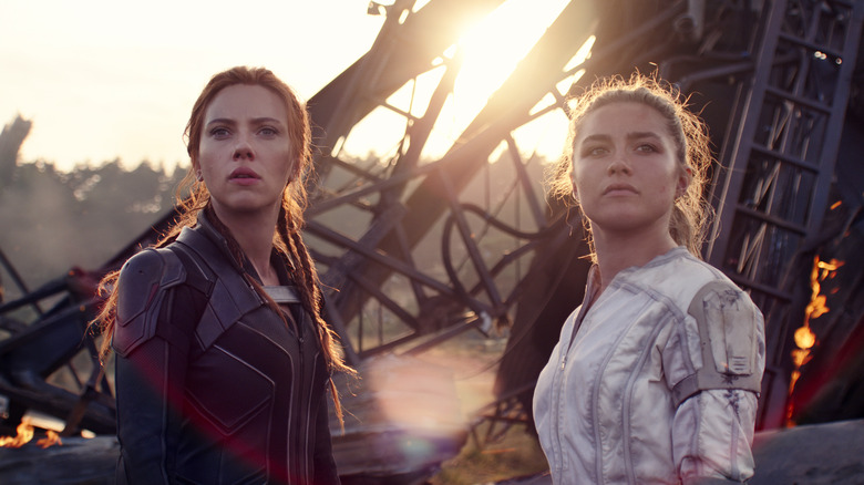 Scarlett Johansson as Natasha Romanoff/Black Widow and Florence Pugh as Yelena Belova in Black Widow