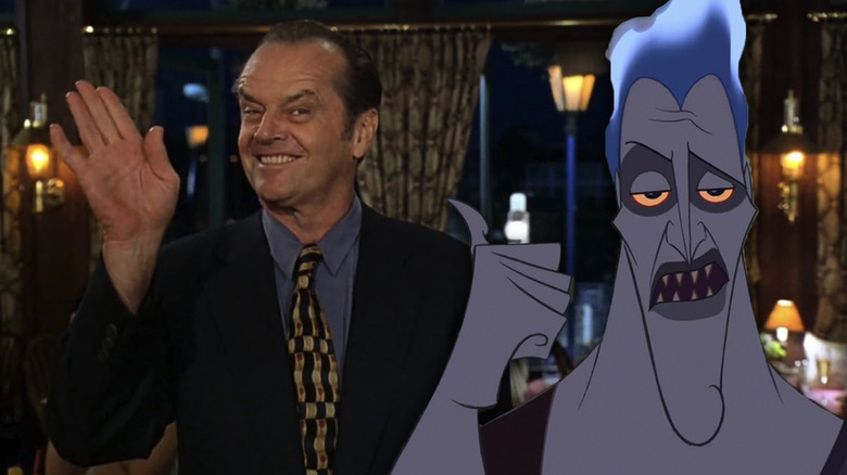 A composite image of Hades from Hercules pointing his thumb at Jack Nicholson, who is smiling and waving behind him