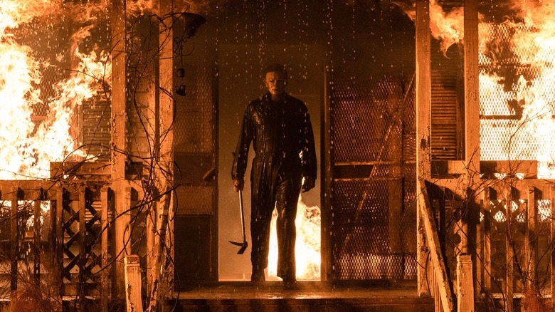 Michael Myers in burning doorway