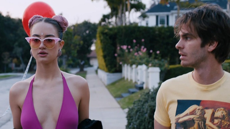 Balloon Girl next to a freaked-out Sam in Under the Silver Lake