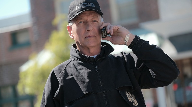 Leroy Jethro Gibbs holding a cellphone to his ear in NCIS