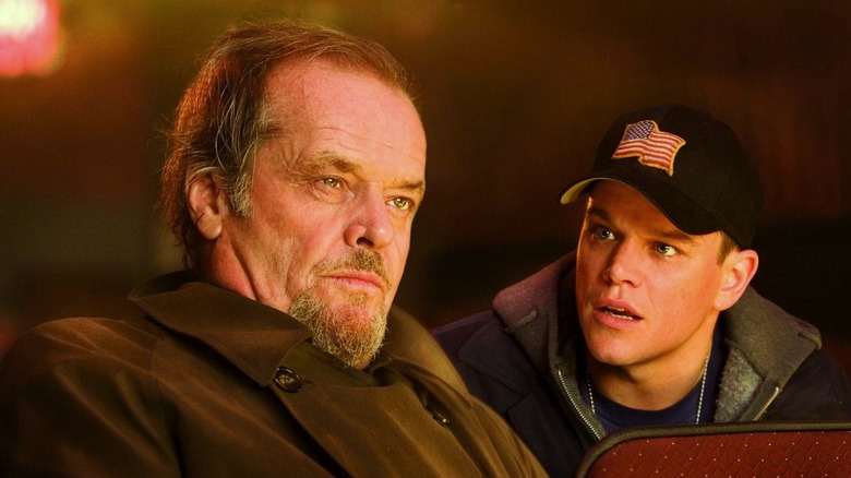 A concerned Matt Damon as Colin Sullivan consults with Jack Nicholson as Frank Costello in The Departed