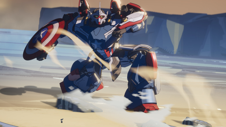 Captain America mech with a shield doing battle in the desert in Marvel's What If...?