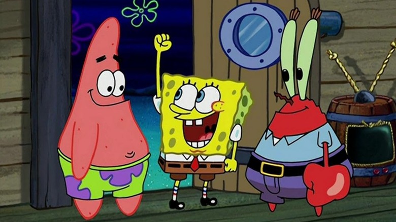 SpongeBob cheering up Patrick and Krabs in Mid-Life Crustacean