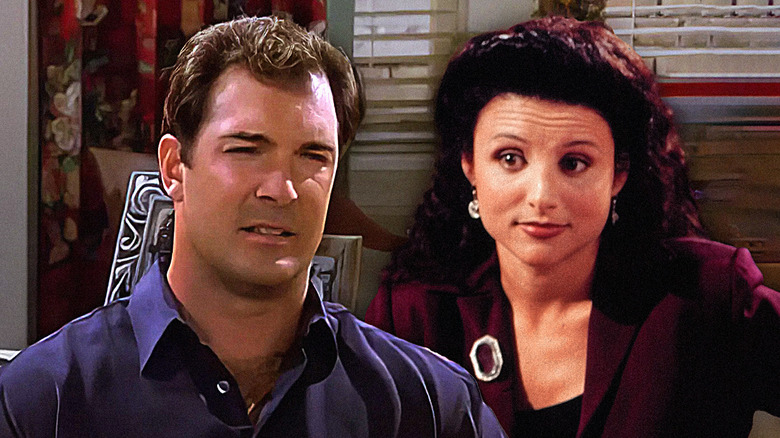 Patrick Warburton as David Puddy pictured next to Julia Louis-Dreyfus as Elaine Benes in Seinfeld