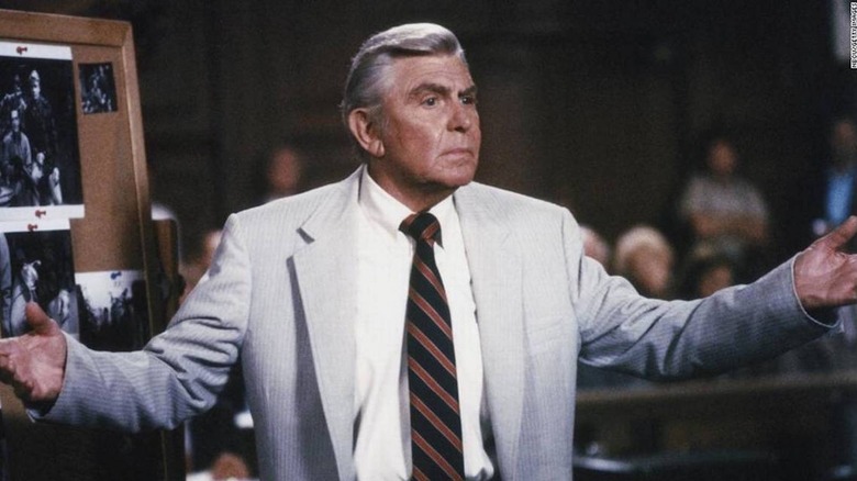 Andy Griffith as Ben Matlock spreading his hands in a courtroom on Matlock