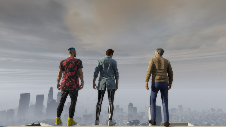 Sam, Mark, and Pinny overlooking the city in Grand Theft Hamlet