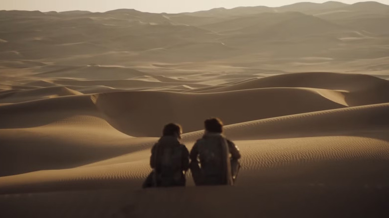 Chani and Paul sit looking at sandy horizon