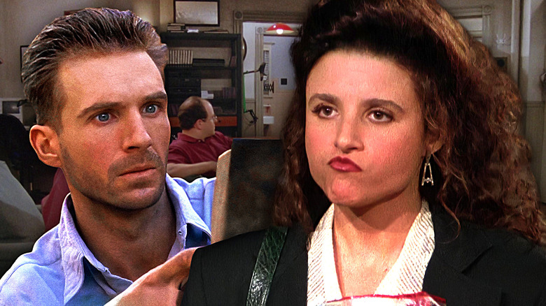 Image of Ralph Fiennes as Laszlo in The English Patient on one side, and Julia Louis-Dreyfus as Elaine looking vindictive on the other. Background from Seinfeld.