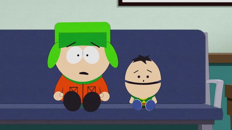 Kyle and Ike sitting on the couch in the South Park episode Turd Burglars