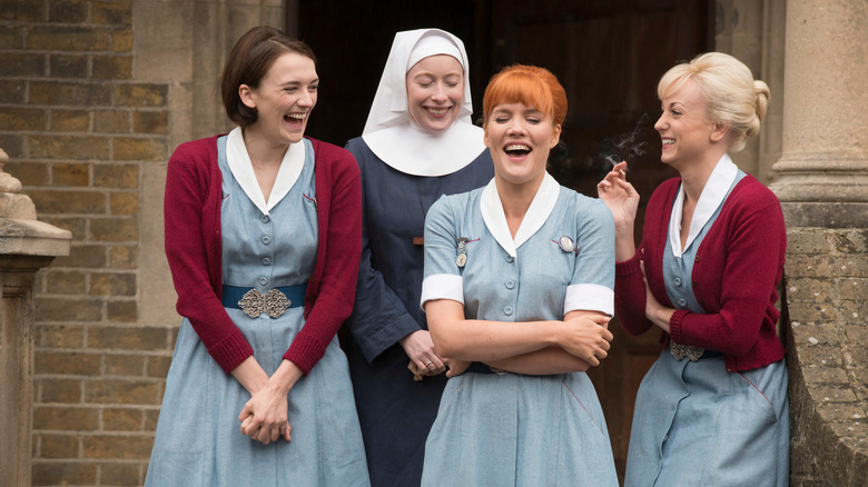 Charlotte Ritchie, Victoria Yeates, Emerald Fennell, and Helen George star in Call the Midwife