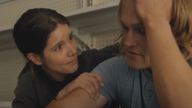 Sonya Cassidy's Liz Dudley comforting Wyatt Russell's Dud Dudley on Lodge 49