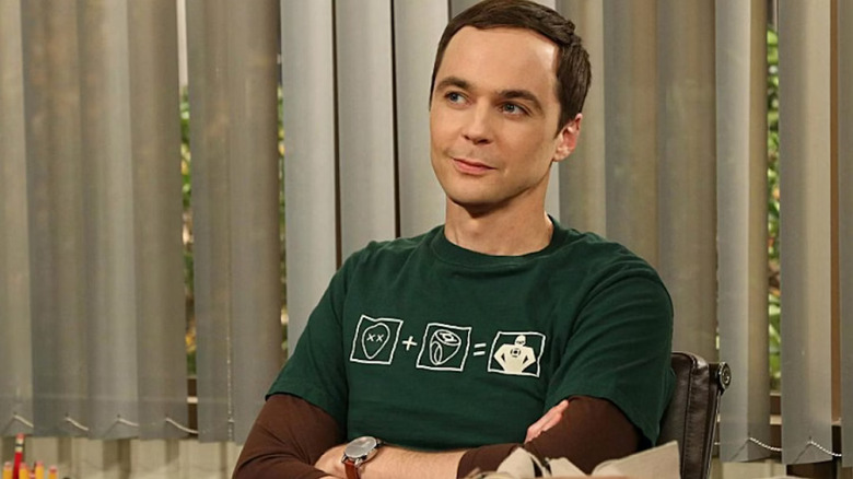 Sheldon sorrindo com os braços cruzados na teoria do Big Bang