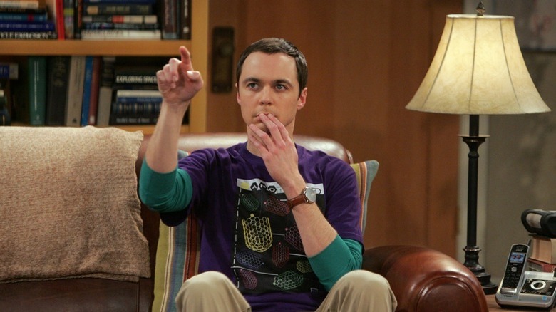 Sheldon pointing ahead on The Big Bang Theory