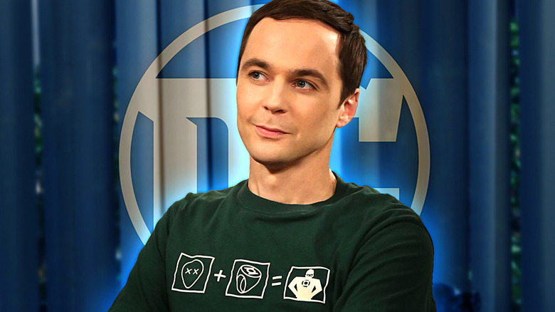 Sheldon wearing a Green Lantern t-shirt superimposed in front of a DC Comics logo