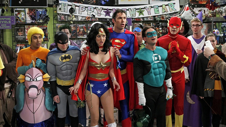 The Big Bang Theory characters dressed up like the Justice League