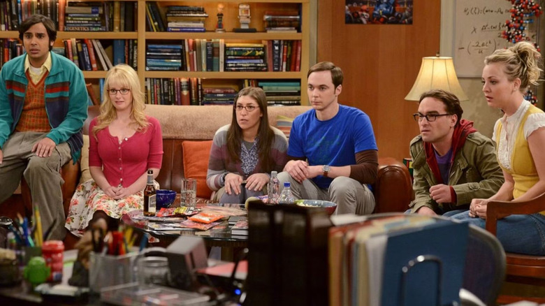 Big Bang Theory gang on couch watching something