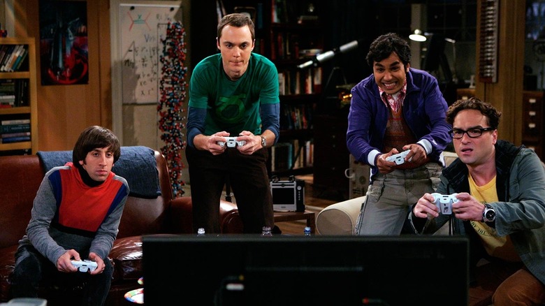 Sheldon and the gang playing video games on The Big Bang Theory