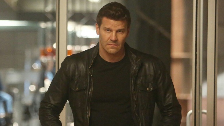 David Boreanaz as Seeley Booth in his leather jacket with a stern face in the Bones season 10 finale