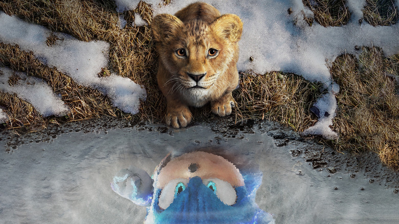 Mufasa looking into a puddle with Sonic the Hedgehog reflected in it