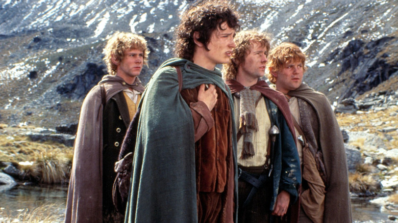 Dominic Monaghan, Elijah Wood, Billy Boyd, and Sean Astin in The Lord of the Rings: The Fellowship of the Ring