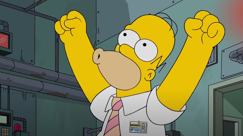 Homer Simpson shouting woo-hoo with his arms raised