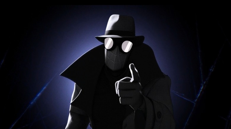 Spider-Noir points a stern finger at the screen in Into the Spider-Verse