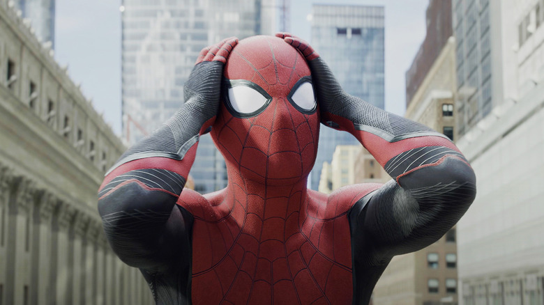 Spider-Man puts his hands on his head in disbelief in Spider-Man: No Way Home