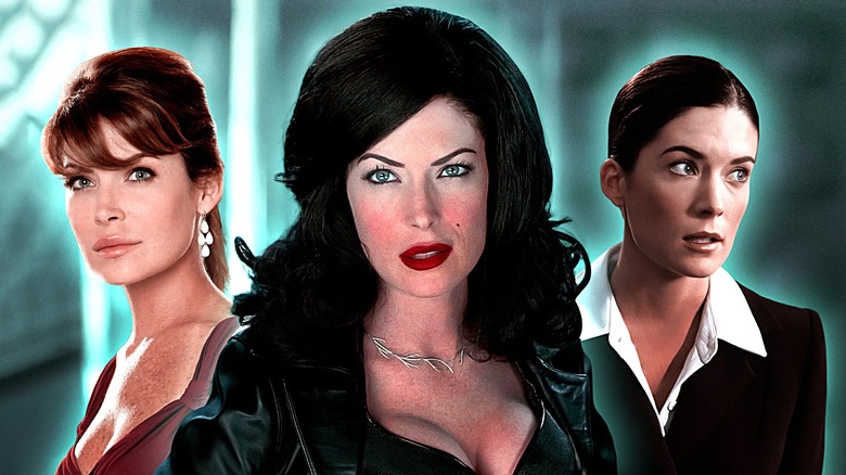 Lara Flynn Boyle as three different characters against a blue-gray background