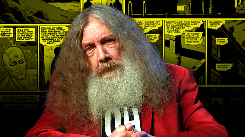 Alan Moore headshot with comic pages background