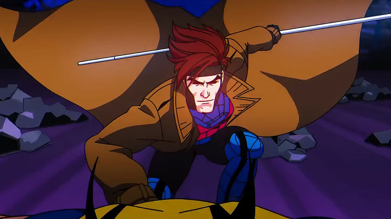 Gambit in a battle stance with his staff in X-Men '97