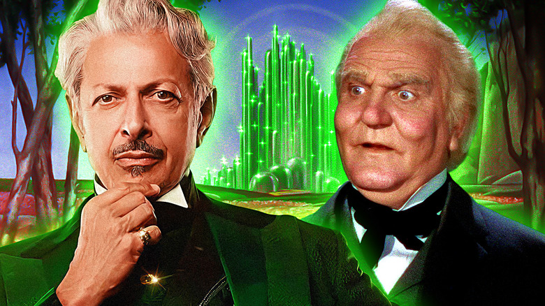 Jeff Goldblum and Frank Morgan in suits as the Wizards of Oz in Wicked and The Wizard of Oz, respectfully in front of the Emerald City