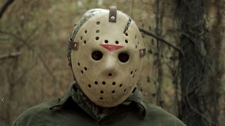 Jason Voorhees in a red chevron hockey mask