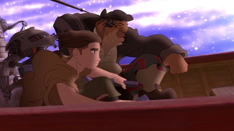 Jim Hawkins and Long John Silver stare out at space while on a pirate ship in Treasure Planet