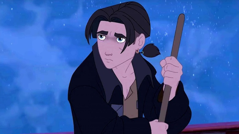 Jim Hawkins (Joseph Go﻿rdon-Levitt) holding a broomstick and looking forlorn in Treasure Planet