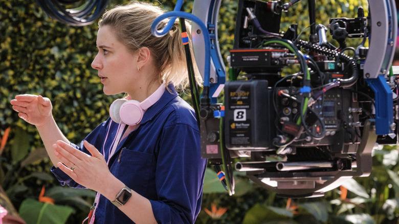 Greta Gerwig on the Barbie set