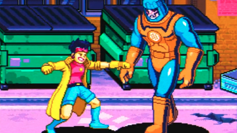 Jubileu lutando contra um Sentinela em um videogame de 16 bits em X-Men '97