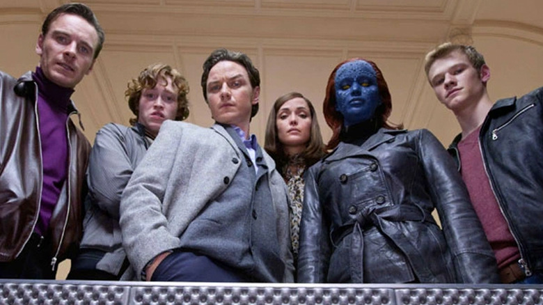 Michael Fassbender, Caleb Landry Jones, James McAvoy, Rose Byrne, Jennifer Lawrence and Lucas Till in X-Men: First Class