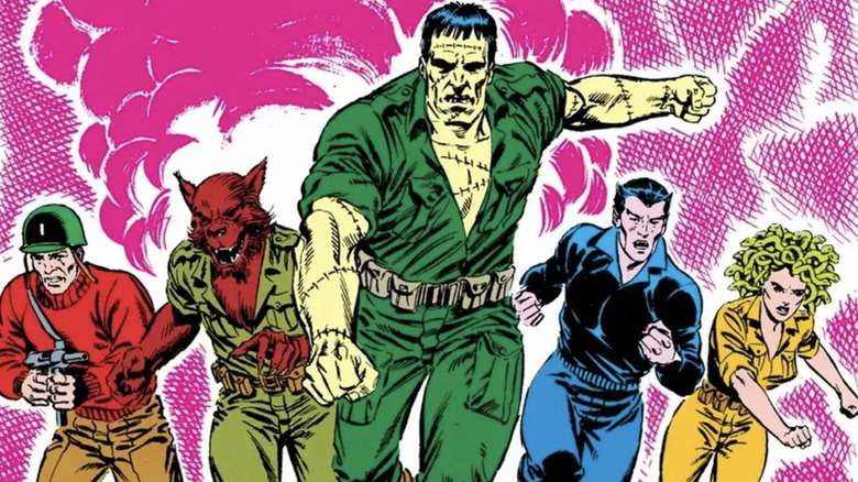 Matthew Shrieve, Werewolf, Frankenstein, Vampire, and Medusa charging into battle in DC Comics' Creature Commandos