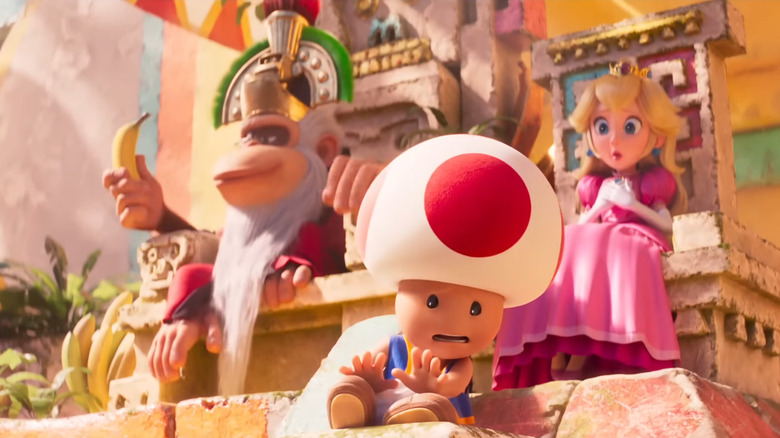 Cranky Kong, Toad, and Princess Peach in The Super Mario Bros. Movie