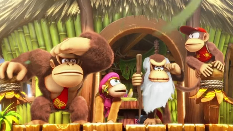 Donkey Kong III, Dixie Kong, Cranky Kong, and Diddy Kong in Donkey Kong Country Tropical Freeze
