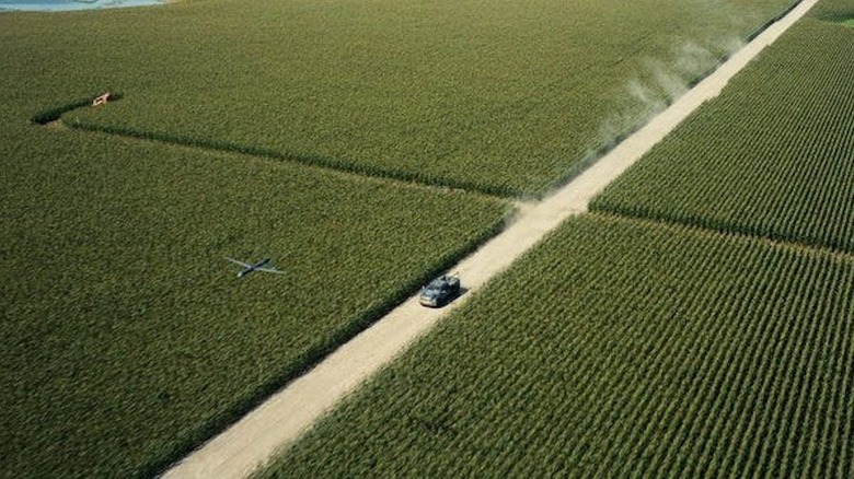 A pickup truck tears through a cornfield in Interstellar