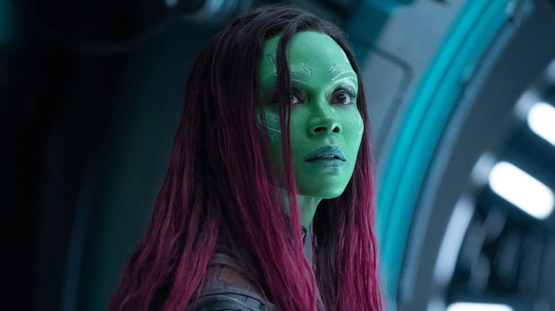 Gamora with her hair down looking up in Guardians of the Galaxy