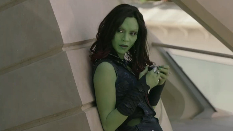 Gamora leaning against a wall in Guardians of the Galaxy