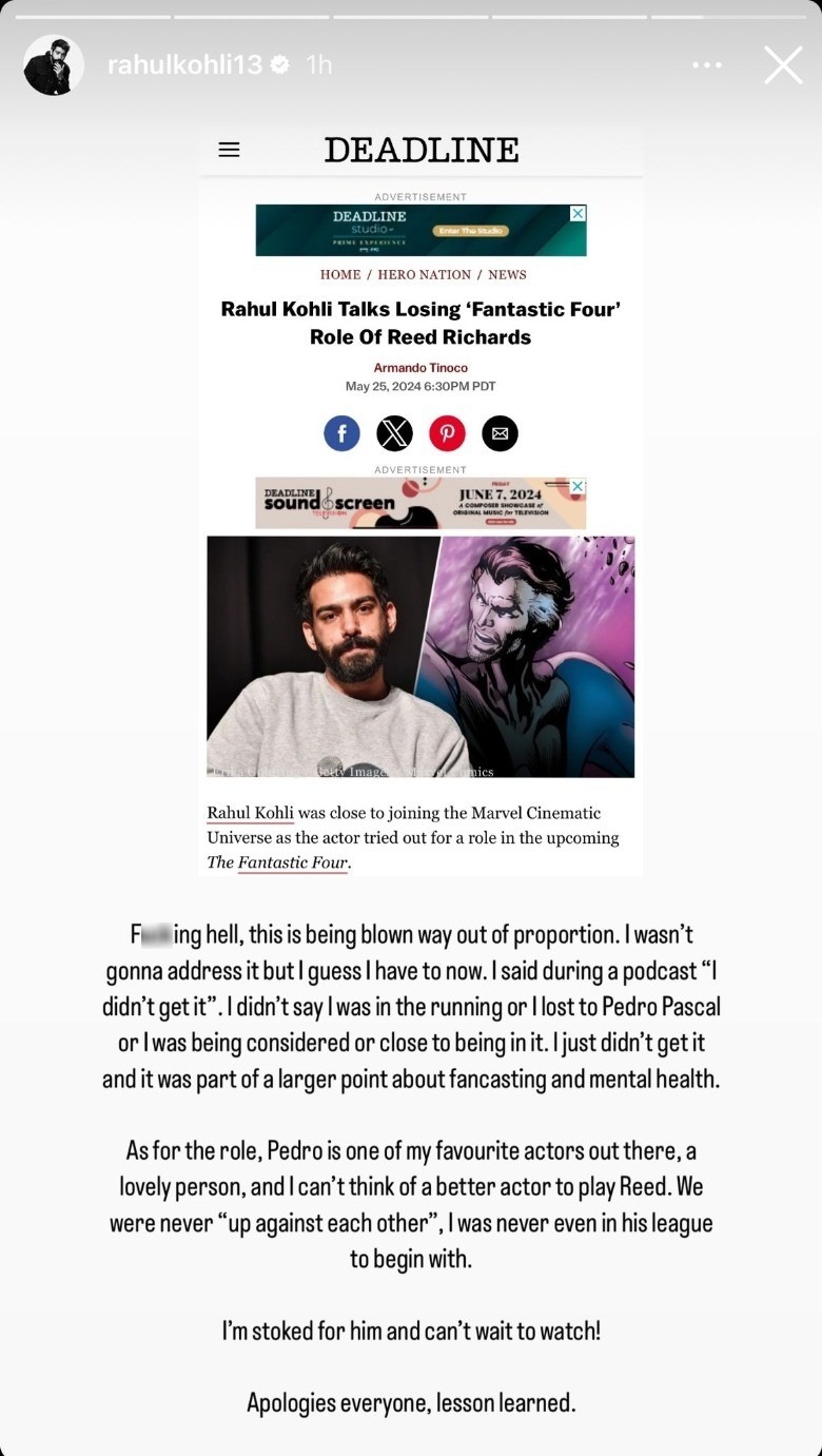 Rahul Kohli Instagram abordando a história do elenco de Reed Richards