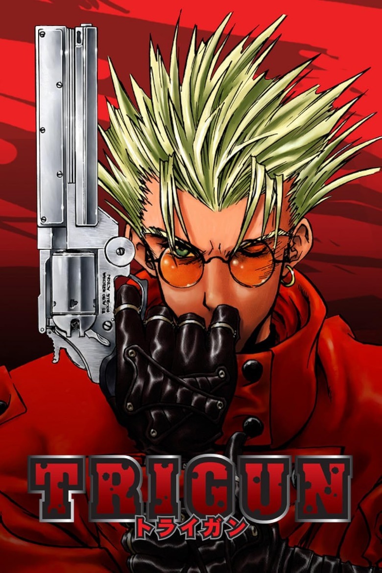 Poster Trigun Vash the Stampede memegang pistol di kepalanya